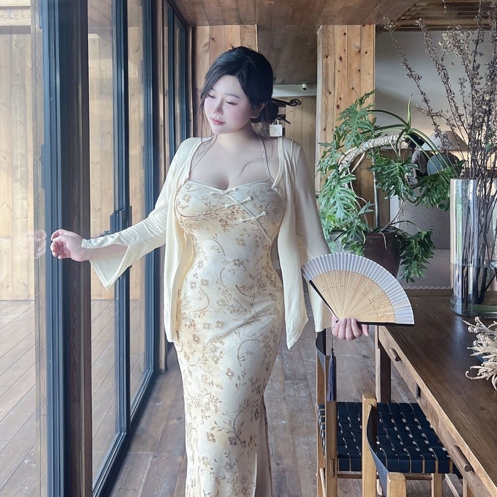 Gaun Pinggul Cheongsam Wanita, Baju Cheongsam Halter Punggung Terbuka Ukuran Besar Cina Elegan untuk