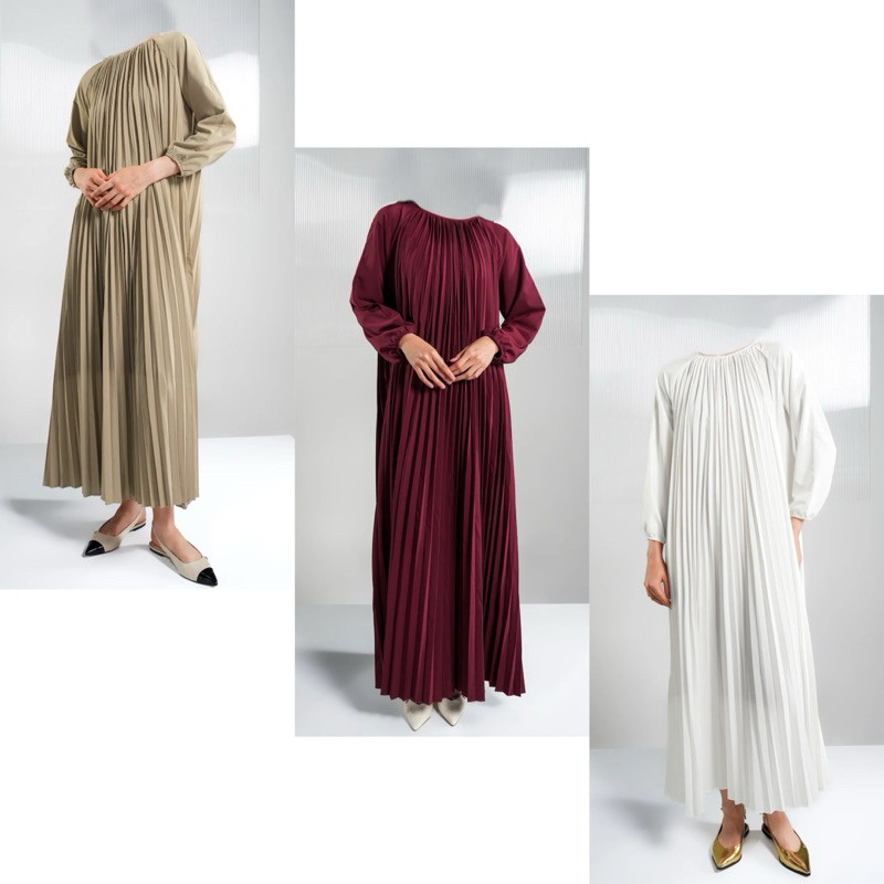 [baca deskripsi⚠️] BENANG JARUM CHARLOTTE PLEATED LONG DRESS WHITE MAROON CHOCO DEESS PLEATS BENANG 