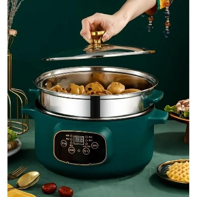 Murah Panci Listrik Serbaguna 26Cm/Smart Pan Timer Setting Panci Listrik Ready Hijau Khaki