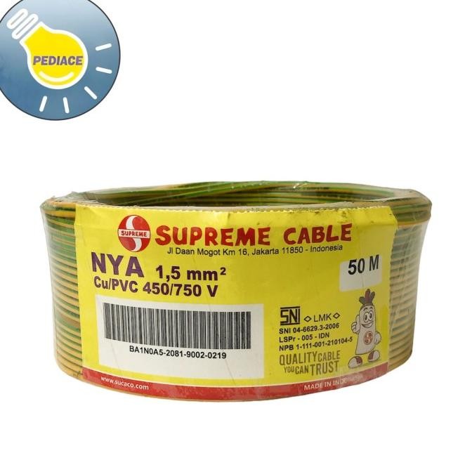 Kabel Tunggal Kawat NYA 1.5mm SUPREME Warna Kuning Hijau 1 Roll 50M
