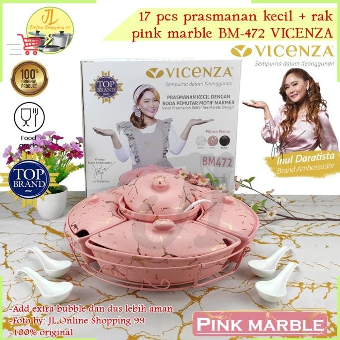 TERLARIS VICENZA 17pcs prasmanan set bulat motif pink marble / wadah saji putar keramik lengkap + se