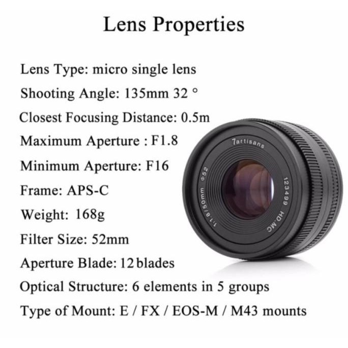 Grosir Lensa 7Artisan 50Mm F1.8  For Canon Eos M / Fujifilm X