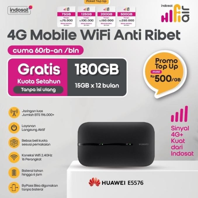 MODEM MIFI INDOSAT HIFI AIR BUNDLING 180GB HUAWEI E5576 WIFI GARANSI RESMI 2004T