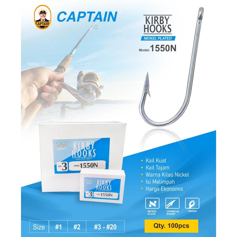 HOOK/ KAIL PANCING - CAPTAIN 1550N, KIRBY HOOKS NICKEL PLATED, KAIL GLOSSY,  NO 1-20, ISI 100PCS