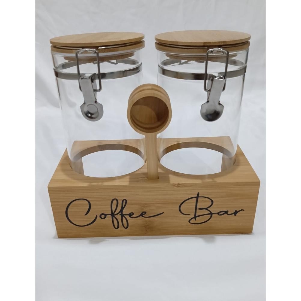 Tempat Penyimpanan Kopi Gula Rak Coffee Bar Kayu Toples Kaca Kopi dan Gula