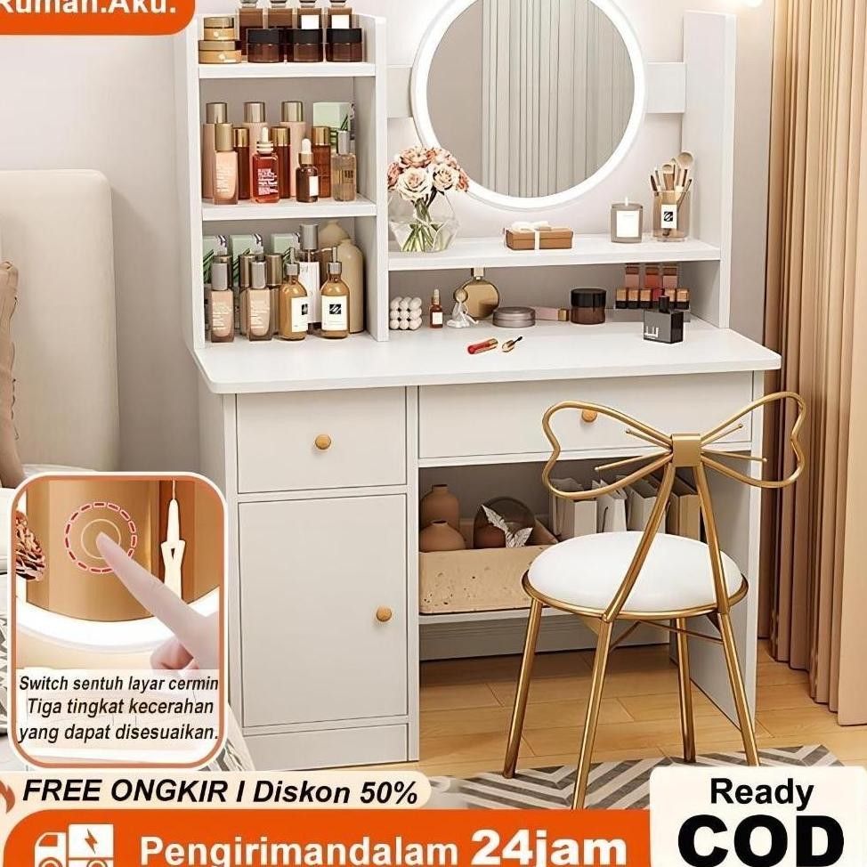 RA Meja rias kaca lampu LED /Meja Minimalis /Rak kosmetik / Meja perempuan /Meja Rias Kaca Bulat