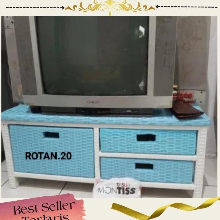 Meja Tv Rotan Sintetis Meja Rak Laci 3 Serbaguna