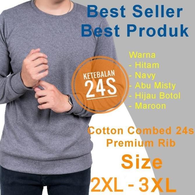 Laris Kaos Polos Size 2Xl-3Xl Lengan Panjang Rib / Karet 24S Premium Lengan Panjang Pria Wanita