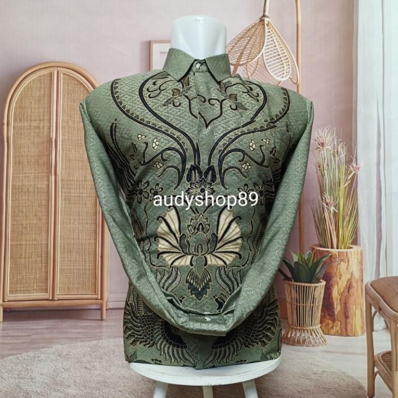 Batik Couple Ayah Anak Tunik Bahan Dobi Premium Lapis Furing Warna Hijau Sage