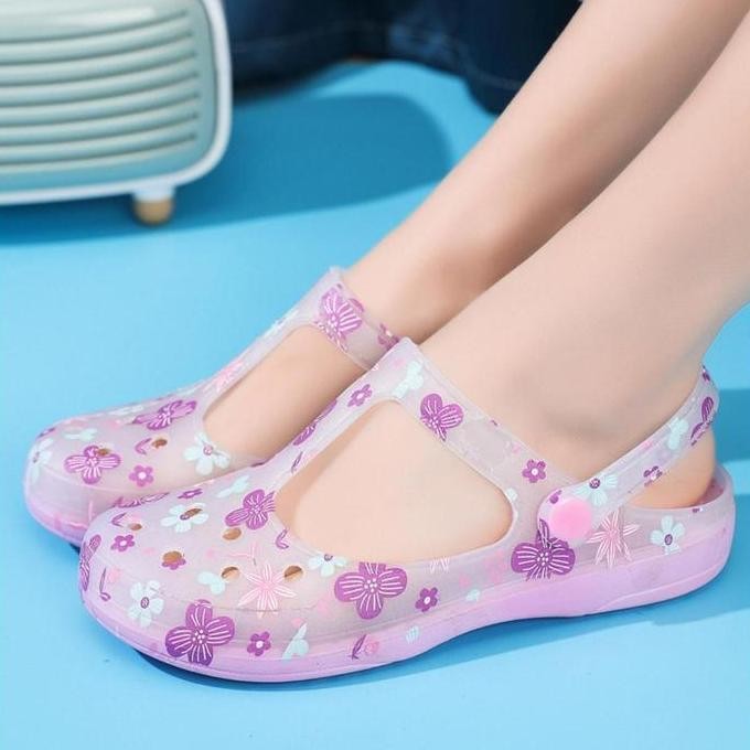 OKAIDO STORE Sendal Sepatu Motif Bunga Bahan Jelly Bening Transparan Coklat Karet Pink Sandal Terbar