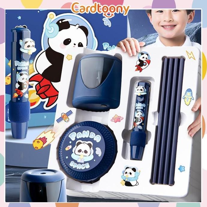 

paket set alat tulis elektrik / electric stationery set / elektrik rautan penghapus vacuum pensil lucu panda imut termurah