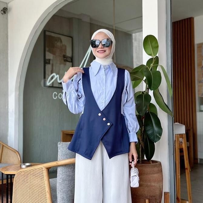 Stok Terbatas Kemeja Rompi REBECCA Wanita Busui Muslim Kekinian Navy Cloth Katun mewah Fashion Hijab