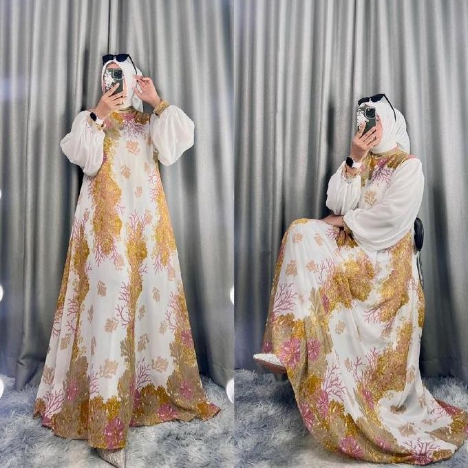 Terbaru DRESS BUNGA DRESS SET HIJAB MOTIF MEWAH CERUTY Muslim