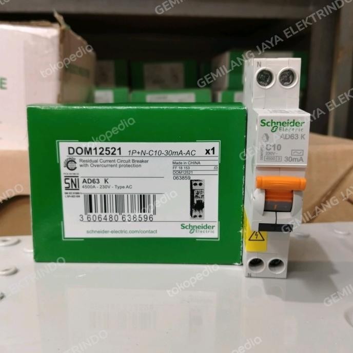 Rcbo Slim Domae Schneider 1P+N 10A 30Ma Dom12521 Sni Original Baru