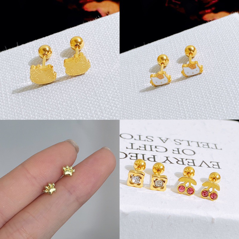 JelitaFash- Anting Tindik Tusuk Anak Dewasa Kecil Small Pengait Bulat Cherry Paw Diamond Spin Hk