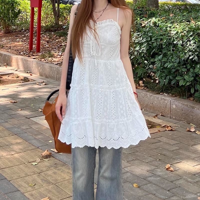 Layered Lace Trim Slip Dress Slimming White Lace Jacquard A Word Dress