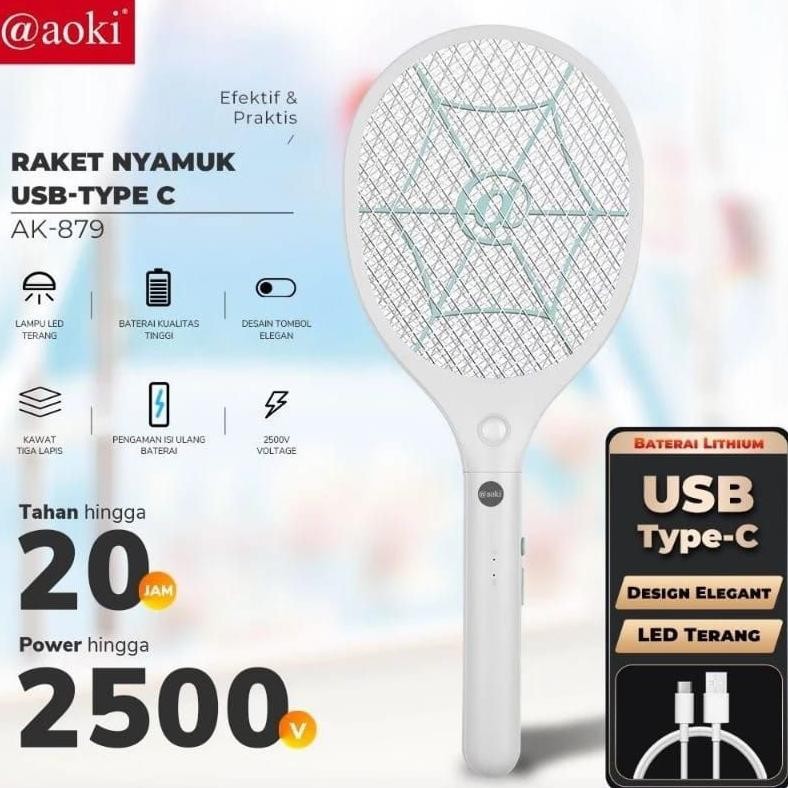 Raket Nyamuk Aoki USBC 879 / Raket Nyamuk USB-Type C / Raket Nyamuk Charger / Raket nyamuk + Senter 