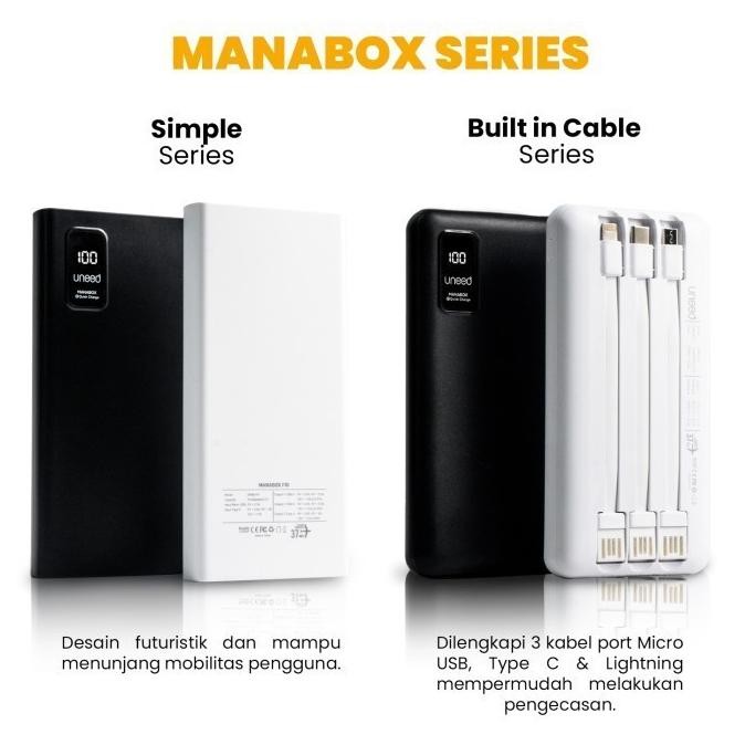 UNEED Powerbank Manabox Built in Cable 10000 20000 VOOC Quick Charge