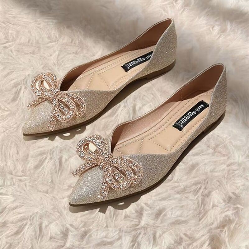 Bridesmaid Shoes Small Size Wedding Shoes Women Flat Bride Shoes Pointed Toe Bowknot Crystal Shoes