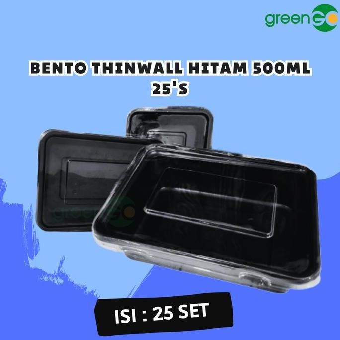 HJK MIKA BENTO THINWALL 500ML ISI 25 SET TUTUP MULIAPACK TANPA SEKAT KOTAK BENTO POLOS HITAM TEMPAT 