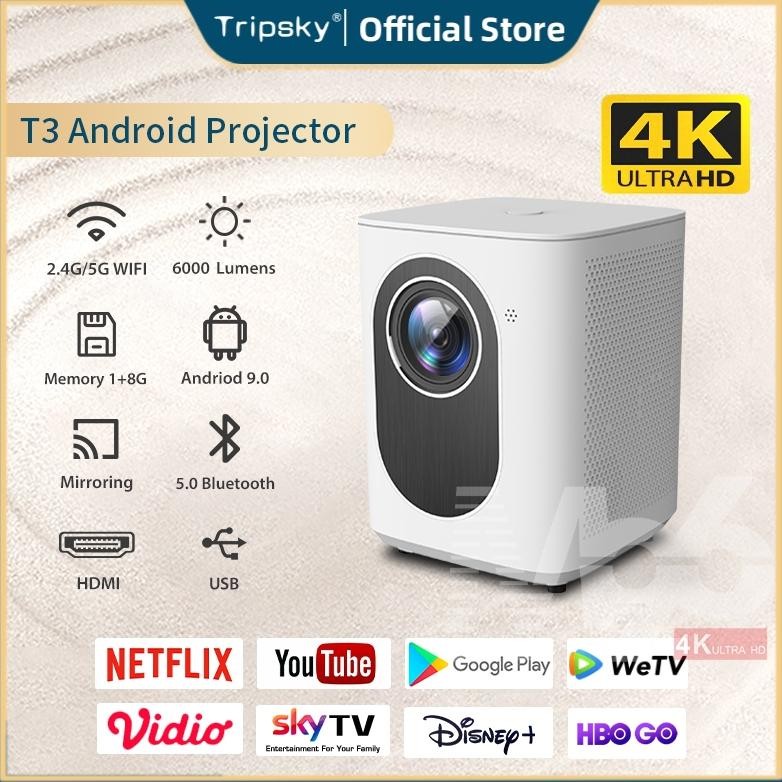 Demetri Tripsky T3 Smart Projector 6000 Lumen 4K Hd Rror Android Proyektor Android 9 Portable Smart 