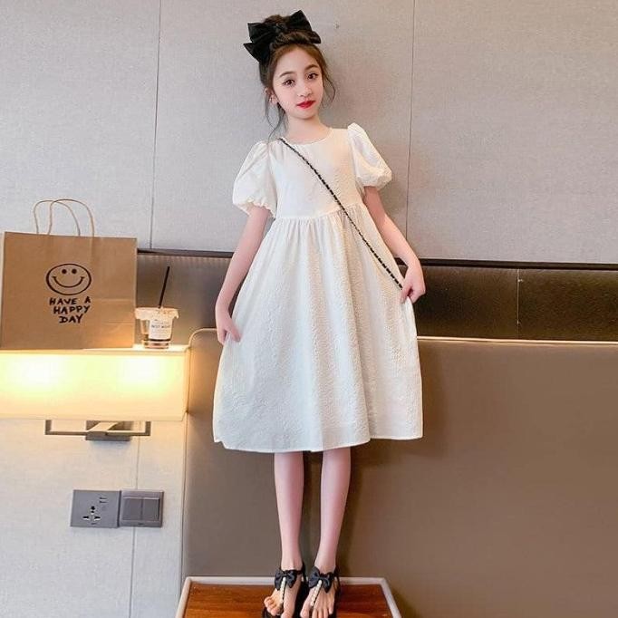 Dress Gaun Putih Polos Anak Remaja Perempuan Impor 4-15tahun
