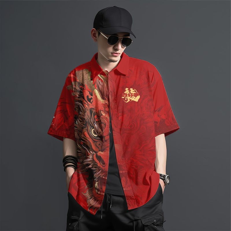 Kemeja Lengan Pendek Longgar Gaya Cina Pria