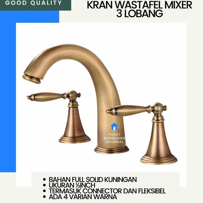 Baru KRAN WASTAFEL 3 LUBANG PANAS DINGIN ANTIK BRASS BRONZE KERAN AIR MIXER