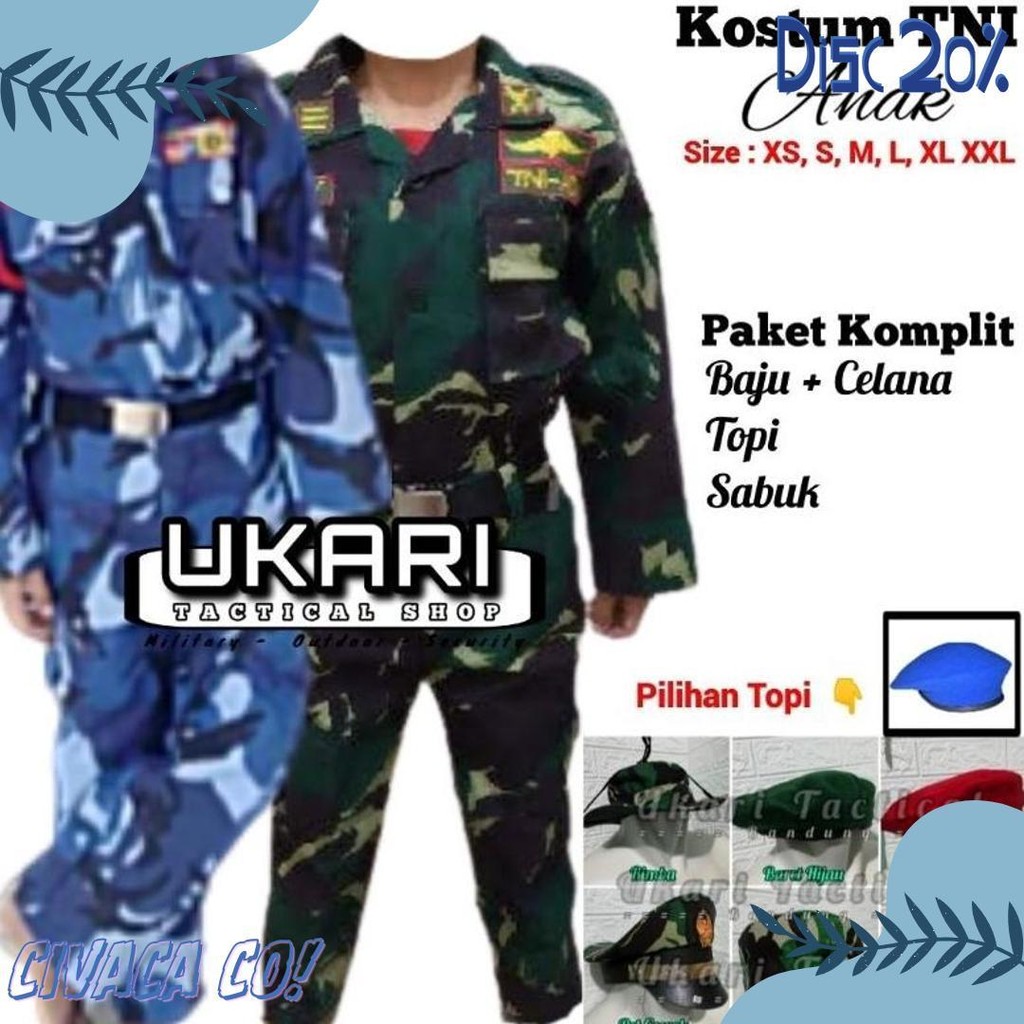 Paket Komplit Baju Seragam Tentara Tni Ad Anak Loreng Au Army Kostum Karnaval Seragam Profesi Anak L