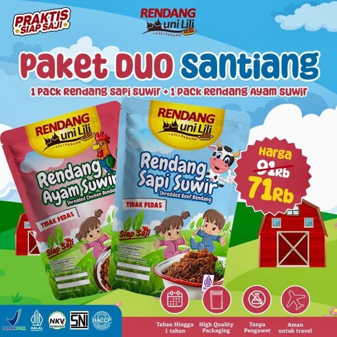 

Murah Paket Duo Santiang Rendang Sapi Suwir + Ayam Suwir For Kids Uni Lili