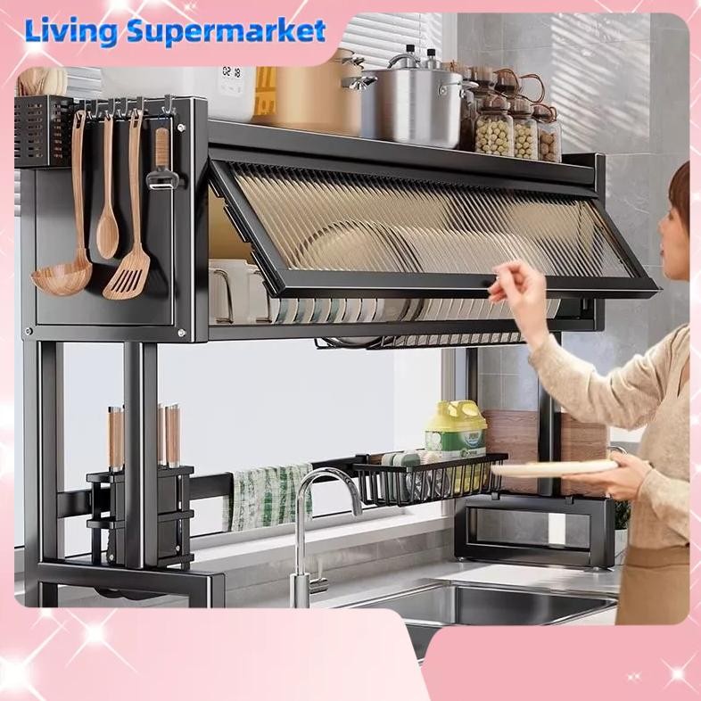 Rak Piring Dapur Stainless Steel Rak Piring Tertutup Gantung Cuci Piring Wastafel