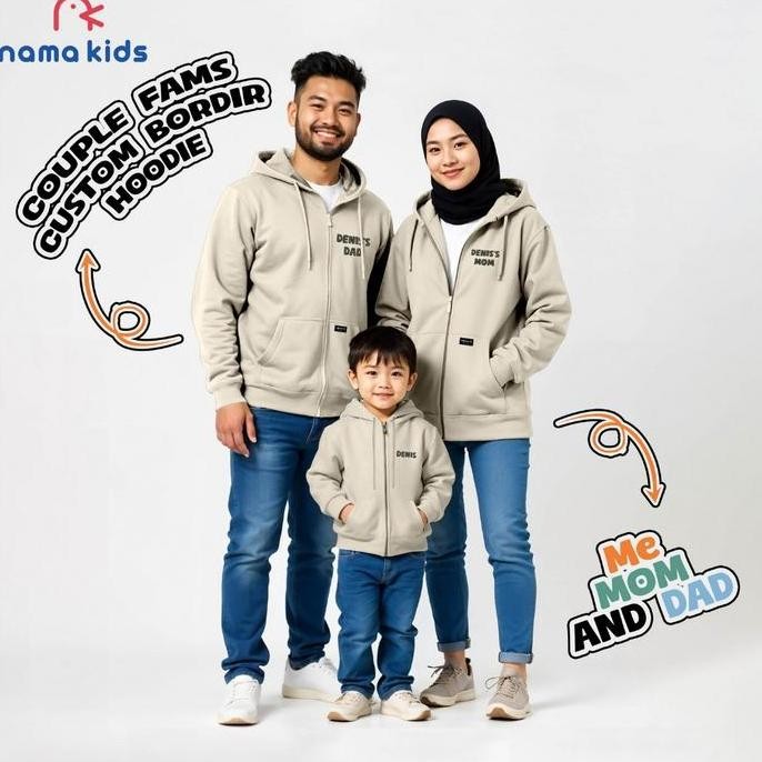 Hoodie Zipper Custom Bordir Nama Dewasa dan Anak Couple Keluarga Sweater Reseleting Bordir Nama Swea
