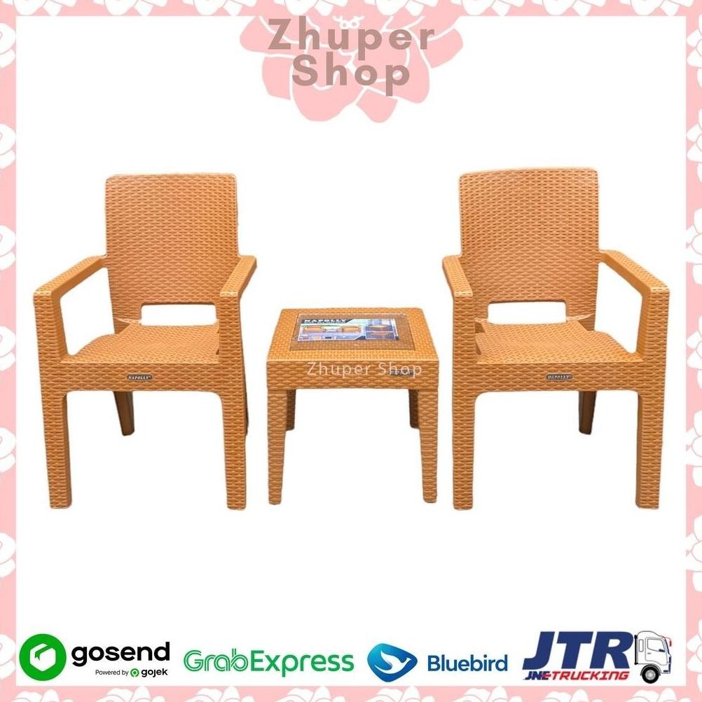 1 Set 2 Kursi Teras Napolly BIG 8R3 + Meja Mapan 45 | Kursi Taman Plastik | Bangku Plastik Modern | 