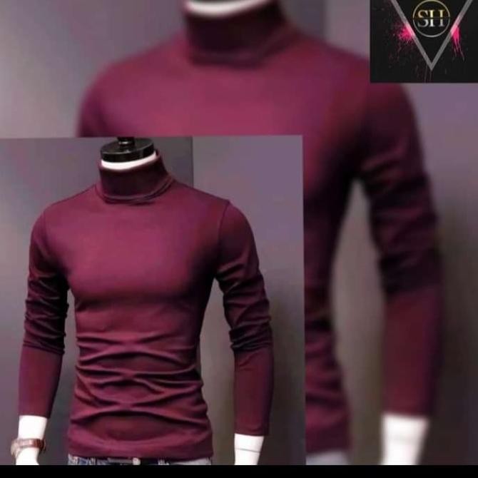 Baru Kaos Turtleneck pria MAROON Lengan Panjang Baju Kerah Tinggi korean