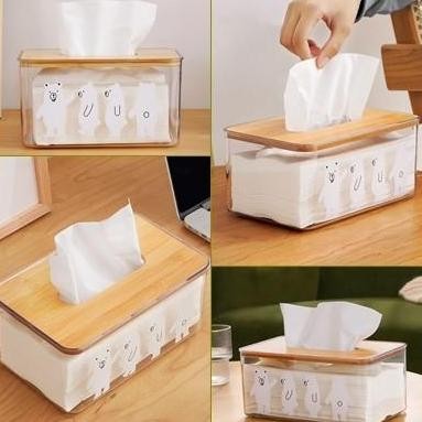 KP085 KOTAK TISU ESTETIK TRANSPARAN TUTUP KAYU BEAR ACRYLIC TISSUE BOX MEJA MAKAN RESTORAN TEMPAT MA