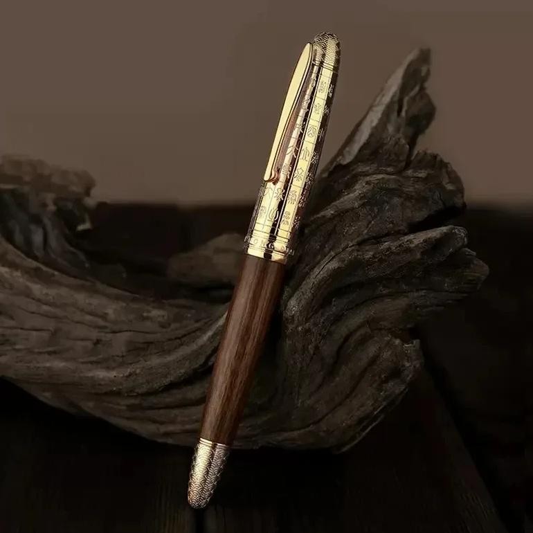 

Hongdian 6016 Natural Wood Retro Fountain Pen Beautiful Golden Oracle Cap Ef/F Nib Brown Wooden Office Business Writing Gift Pen