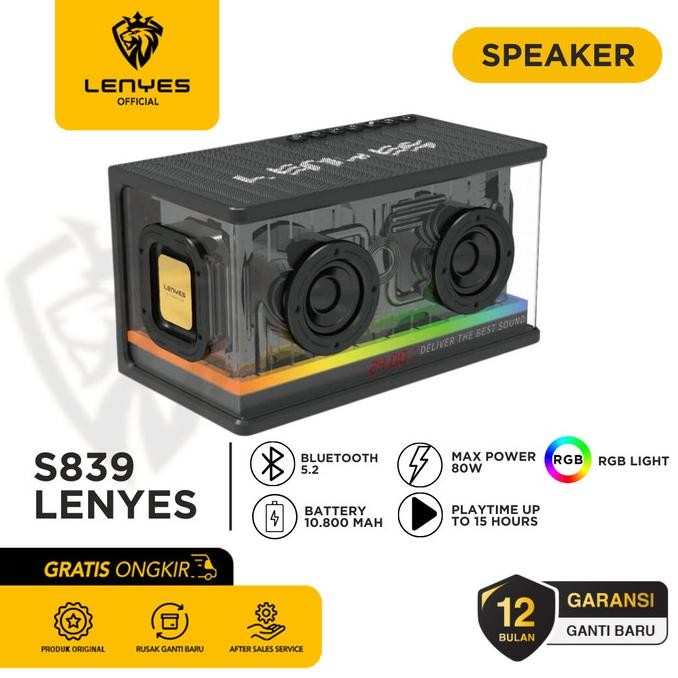 Original Lenyes S839 Speaker Bluetooth Transparan RGB Light TWS Portable