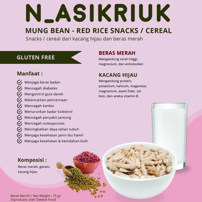 

tersedia 1 dus 25 bks gluten-free, high fibre snacks beras merah & kacang hijau