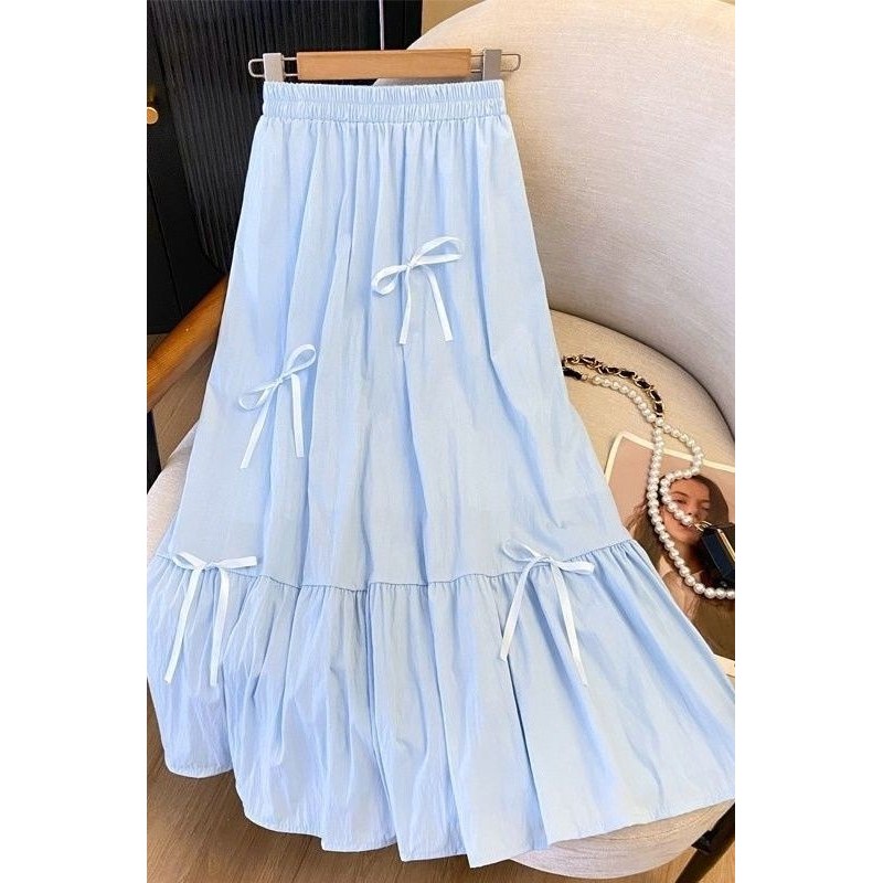 Gaun Pita Pinggang Tinggi Manis Jepang Wanita/Rok Hitam Biru Putih