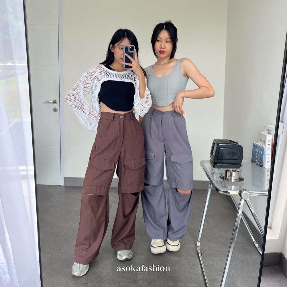 Hiraya Pants 1938 - Cut Off Pants - Loosepants Wanita - Trendy Pocket Pants