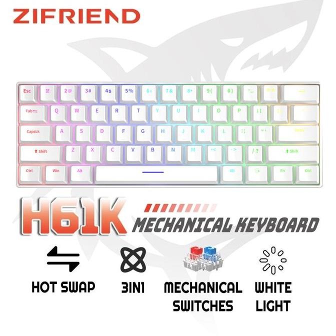 NEW ZIFRIEND H61K Mechanical wirelessly Keyboard 61Keys 3 Modes Mixed Light Backlit Hotswap Compact 