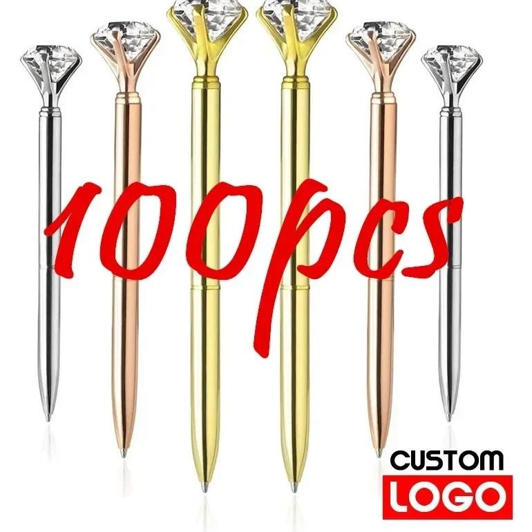 

100 Pcs/Lot Big Crystal Diamond Metal Ballpoint Pen Ring Wedding Office Gift Roller Ball Pens Black Blue Ink Free Custom Logo