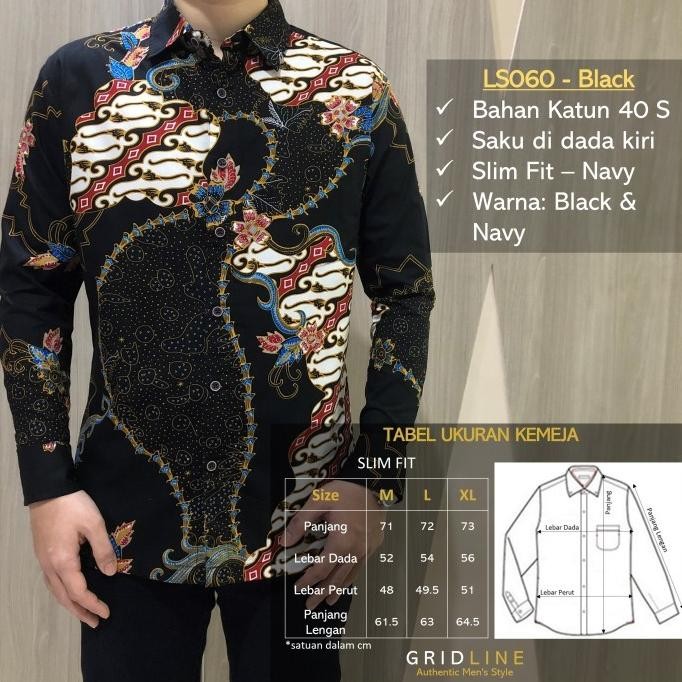 [GRIDLINE LS060 NAVY BLACK] KEMEJA BATIK SLIMFIT PRIA KATUN PANJANG TERMURAH
