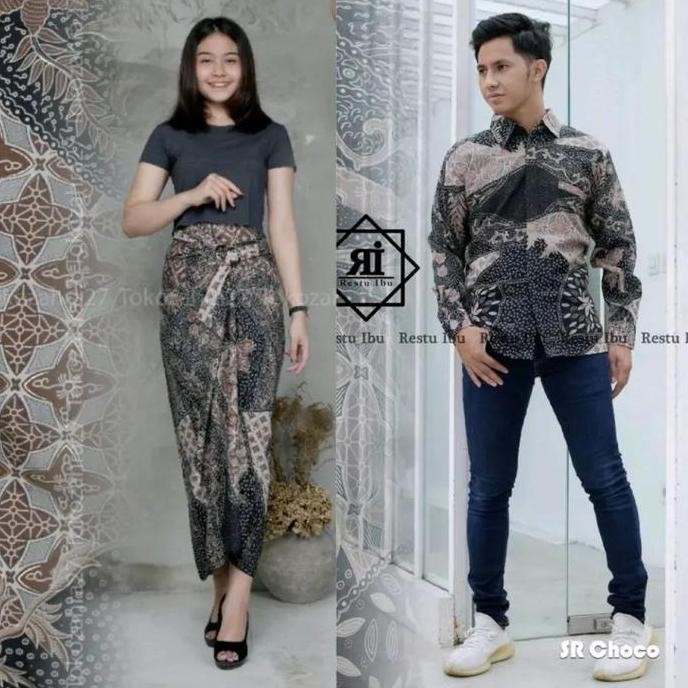 RESTU COLLETION COUPLE ROK LILIT WANITA DAN KEMEJA PRIA BATIK BAHAN PREMIUM TEBAL MOTIF SR MOCCA KON