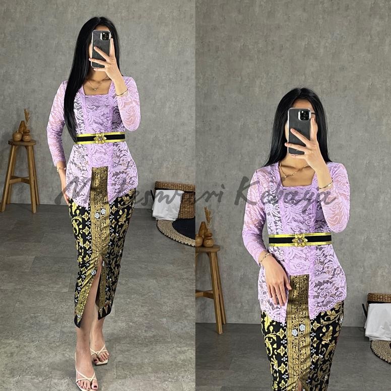 Ow42 Kebaya Bali Set Brukat Panjang Ungu Lilac