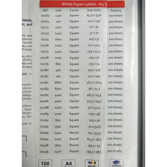

ready APLI White Paper Label / A4 Computer Labels / Dus isi 100 sheets murah