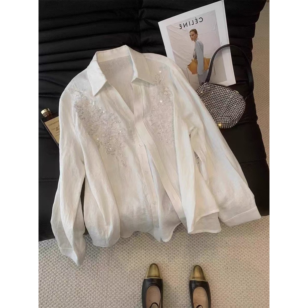 Blus Putih Wanita Bordir Prancis dengan Pita