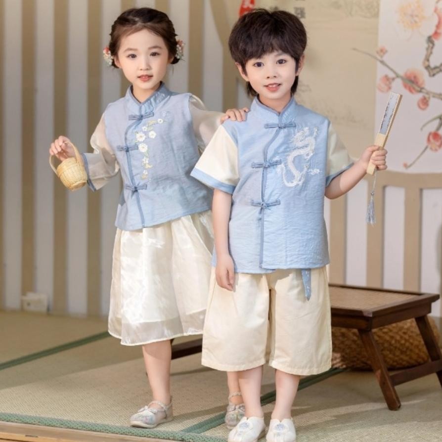 Premium Couple Cheongsam Chinese Old Style Traditional Cheongsam White Dragon Light Blue Beige Short