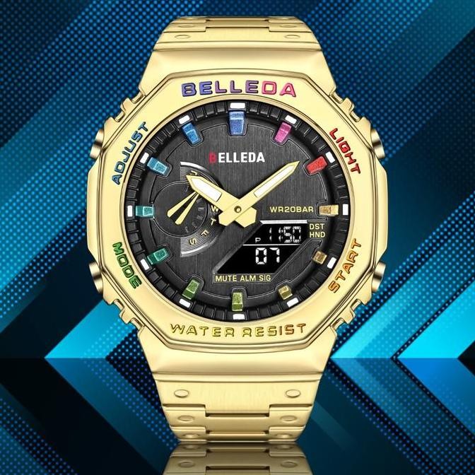 Grosir [ Buy 1 Geet 1 ] Belleda 9529 Jam Tangan Pria Rantai Double Time Rantai Digital & Analog Anti