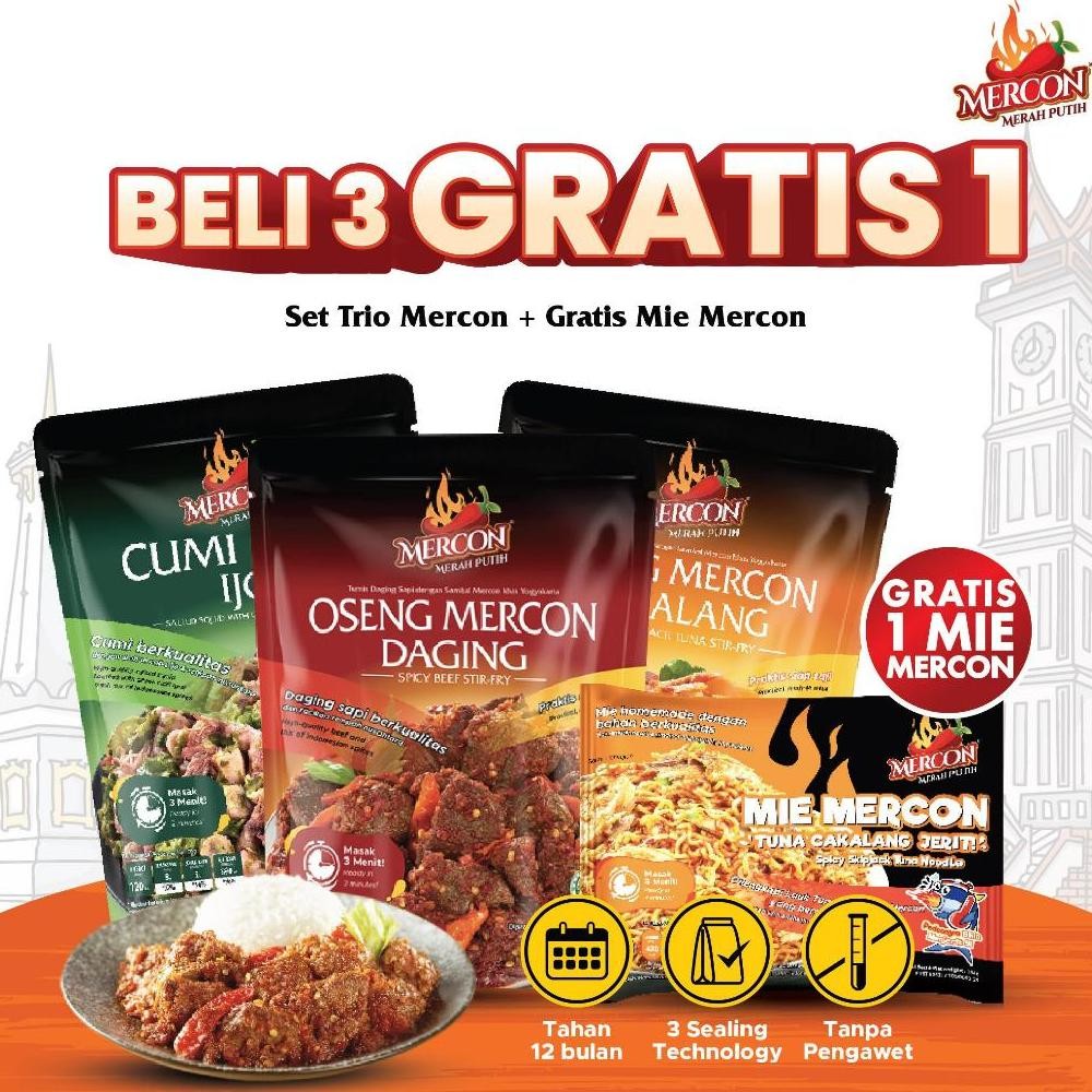 

TERLARIS [ BELI 3 GRATIS 1 ] Mercon Merah Putih - Set Trio Mercon isi 3 Pack Lauk Pedas Siap Saji (DAGING, CUMI CABE IJO, CAKALANG) + GRATIS MIE CAKALANG MERCON Siap kirim